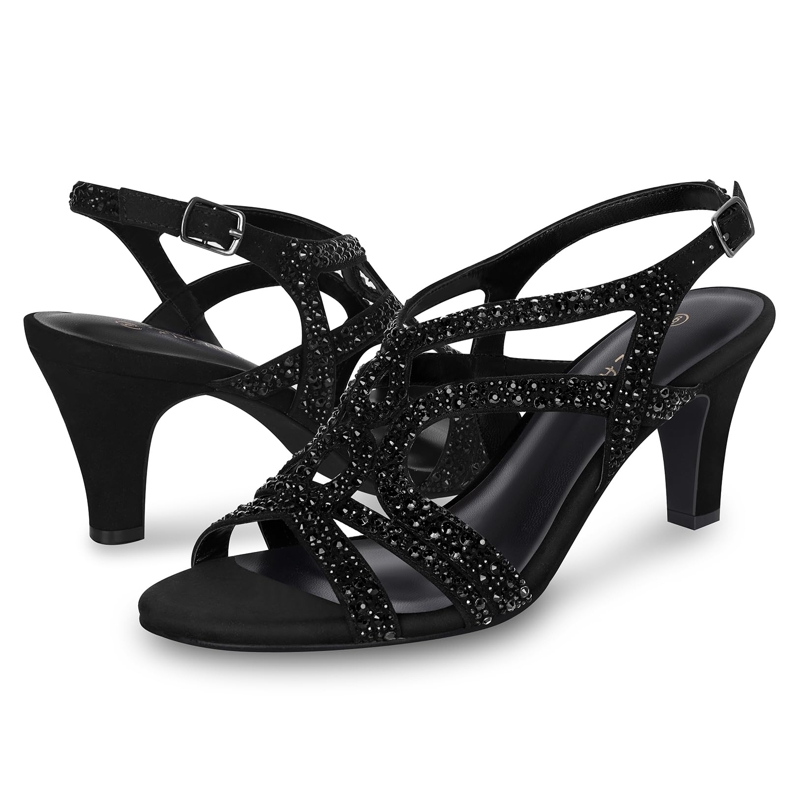PIZZ ANNU Amelia Sandalias Mujer Verano Comodas Tacon Kitten, Zapatos Fiesta Destalonados Ideales para Boda y Ceremonia, Punta Abierta con Brillantes Tacones Elegantes