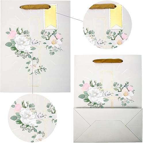 Miniatura 4 de LeZakaa Bolsa de regalo de cruz de 13 pulgadas con diseño de flores, bolsa de regalo cristiana plateada con papel de seda, etiqueta de regalo y