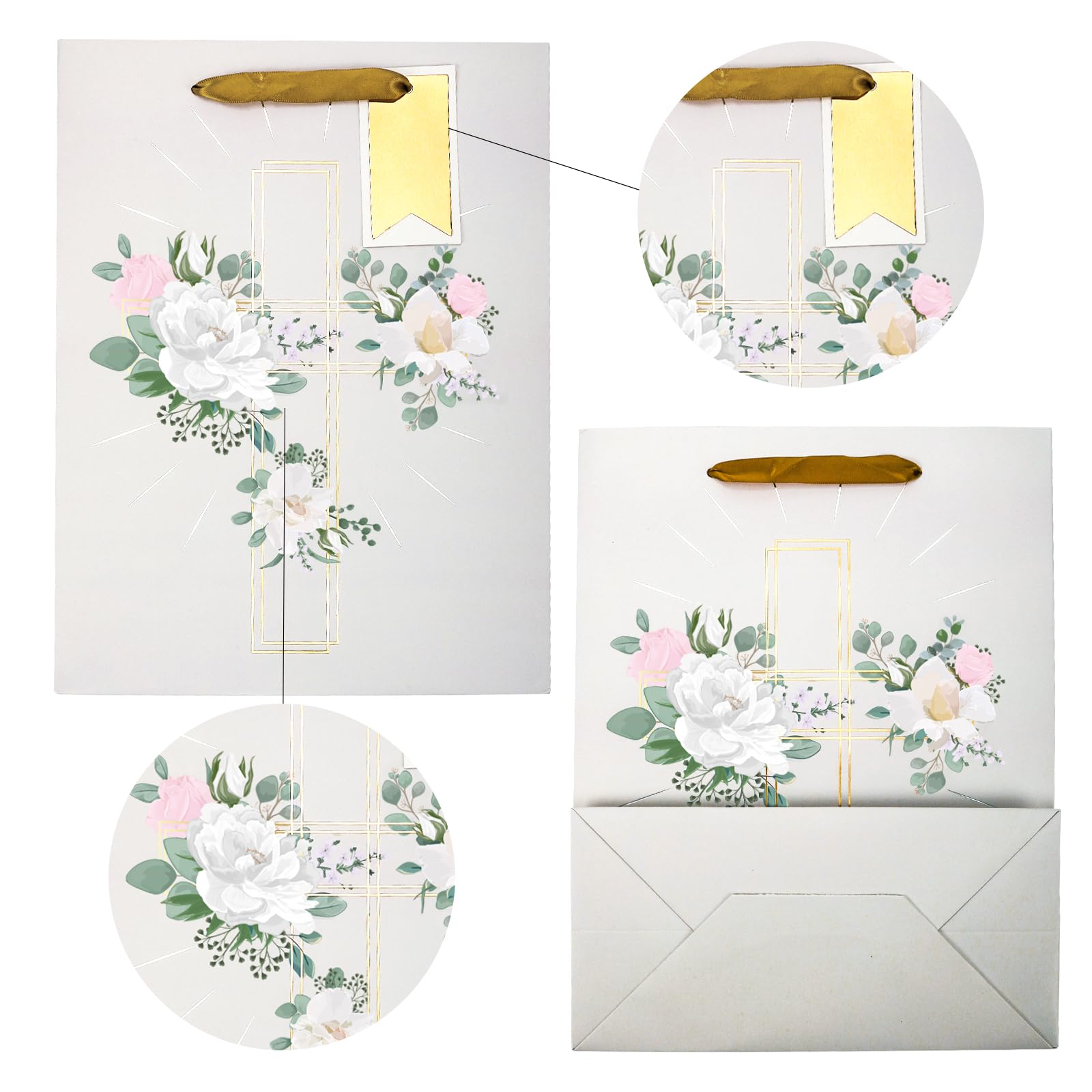 LeZakaa 13" Cross Gift Bag with Flower Design, Silver Christian Gift Bag with Tissue Paper, Gift Tag and Card for Christenings, Religious First Holy Communion, Confirmation, Weddings, Clergy Day