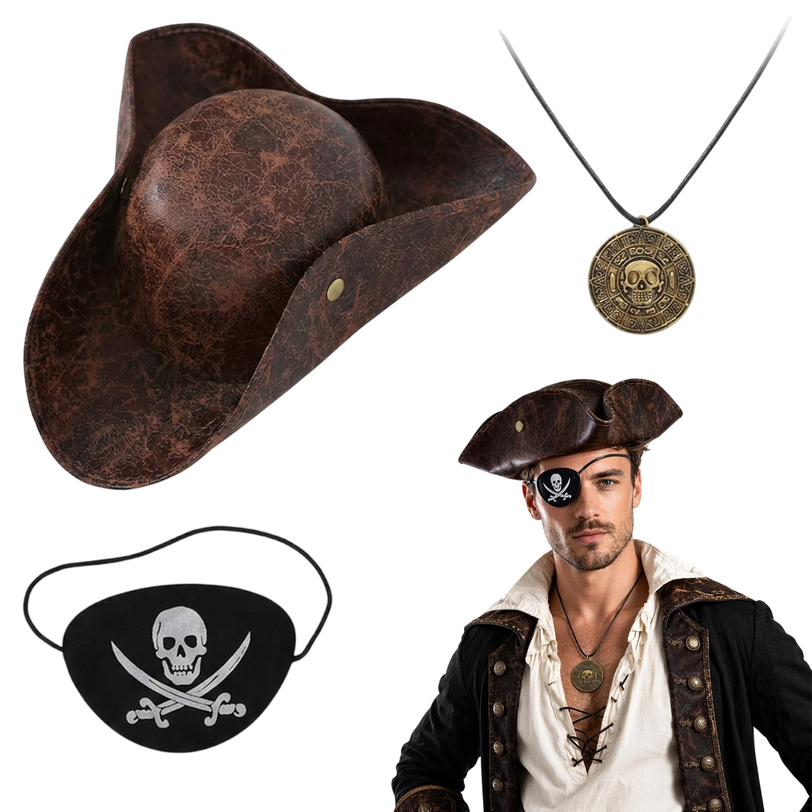 Efuwfugc Pirate Hat Adult, Pirate Hats for Women, Pirate Hat Accessories Set with Tricorn Hat, Eye Patch and Skull Necklace, Perfect for Halloween Costumes, Medieval Theme Parties and Cosplay Events