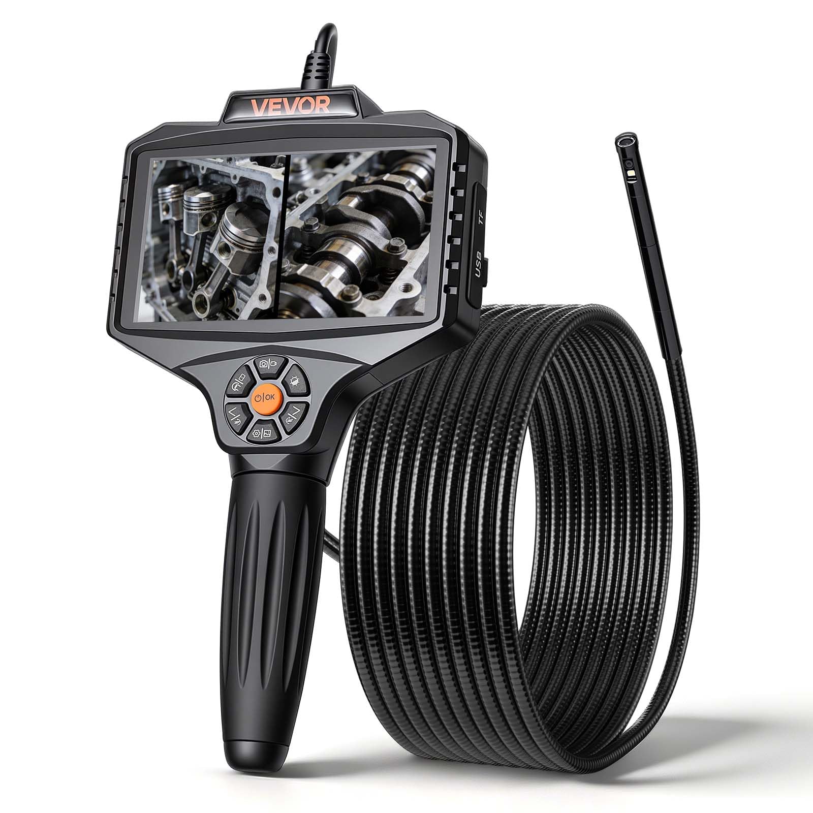 VEVOR Telecamera Endoscopica Articolata a Doppia Lente con Luce, Rotazione a 360°, Schermo IPS HD da 5'', Funzione Schermo Diviso, Zoom 8x, Cavo Impermeabile IP67 da 5 m, per Settore Auto e Idraulica