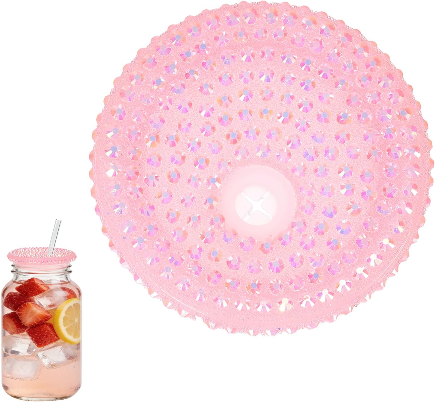 uxcell Acrylic Lids for 16 oz Glass, Reusable Plastic Tumbler Replacement Lids Rhinestone Canning Caps with Hole for Beer Can Drinking Glasses Tumblers, Light Pink Iridescent
