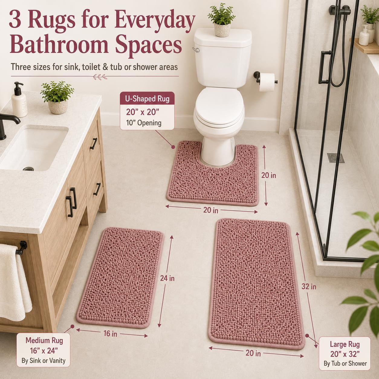 Chenille Bathroom Rugs Set 3 Piece Bath Mats for Bathoom Non-Slip Luxury Bathroom Rug Extra Soft and Absorbent Shaggy Rugs Washable Dry Plush Area Carpet image 2