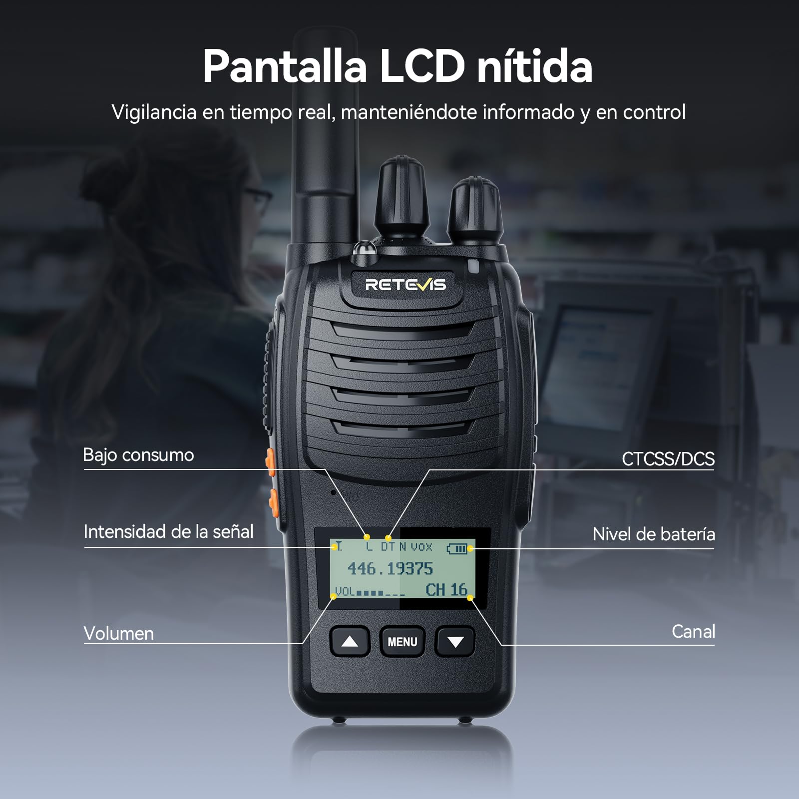 Retevis H777D Walkie Talkie con Auricular, PMR446 Walkie-Talkie Profesional con Cargador de 6 Vías, Pantalla LCD, Botón, Radio Bidireccional Portátil para Tiendas, Seguridad (Negro, 6 Pcs)