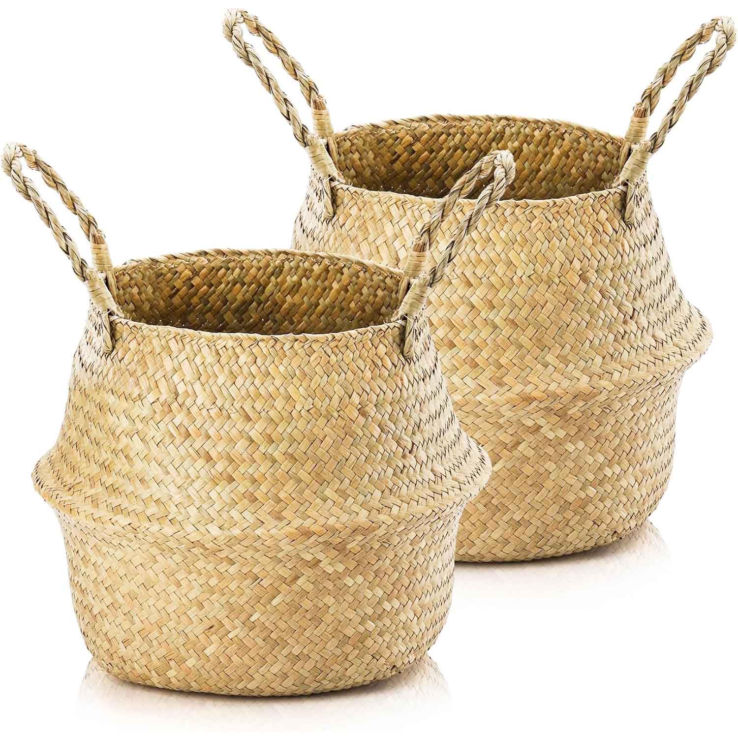 Duscdesp 2pcs Seagrass Storage Baskets Woven Basket With Handle,Plant Pot Basket Foldable Toy Laundry Belly Basket,Round Storage Basket for Shelves (XXL 38×34)