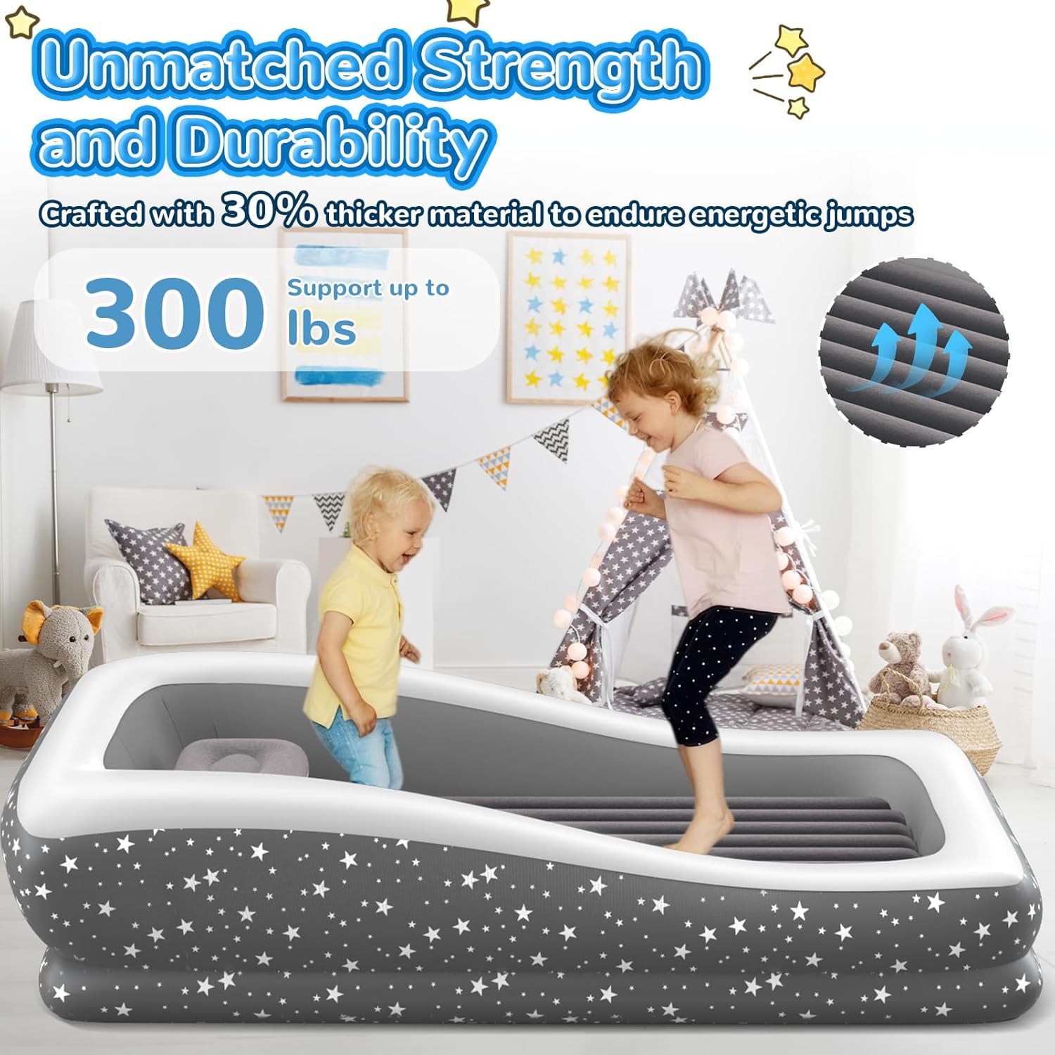 Inflatable Toddler Travel Bed - 67'' Large Size Safety Kids Air Mattress with 4 Sides - Portable Camping Bed for Outdoor Sleepovers, Easy to Inflate & Deflate with Storage Bag & Pump, Grey