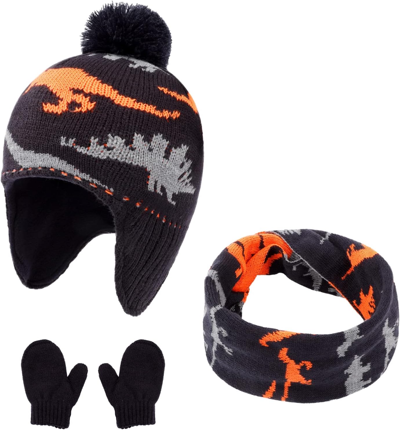 ACTLATI Winter Dinosaur Boy Winter Hat Scarf Mittens Set Warm Beanies Earflap Fleece Pompom Lining Cap for Toddler Kids