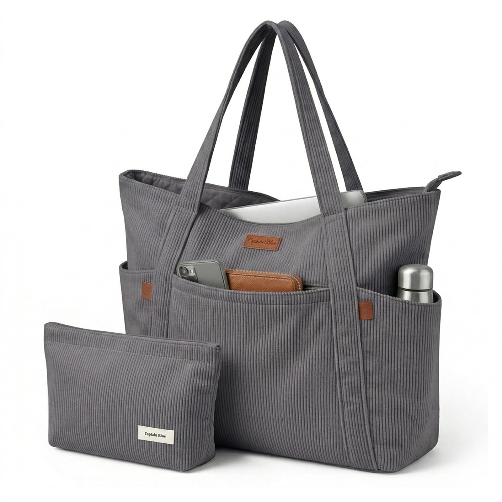 Captain Blues Cord Tasche Damen, Große Tote Bag mit Laptopfach, Shopper Tasche Damen mit Reißverschluss und weichem Baumwollfutter, Strandtasche, Arbeitstasche für Uni, Schule, Lehrer