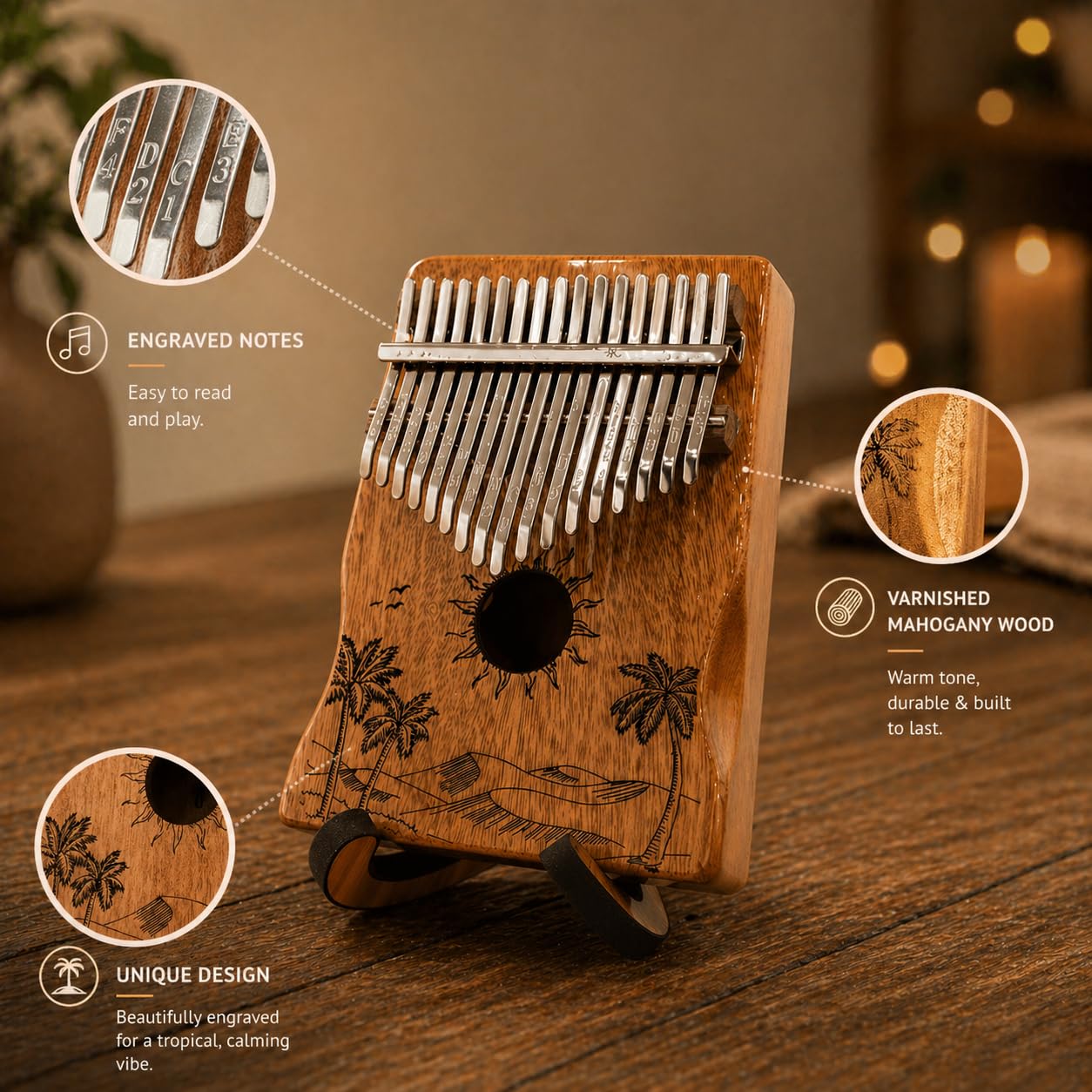 ORORA Kalimba instrument muzyczny dla dzieci i dorosłych, 17-klawiszowy fortepian z grawerunkiem i lakierowanym drewnem, ebook z 50 nutami, etui i akcesoria do pielęgnacji w zestawie, oryginalny