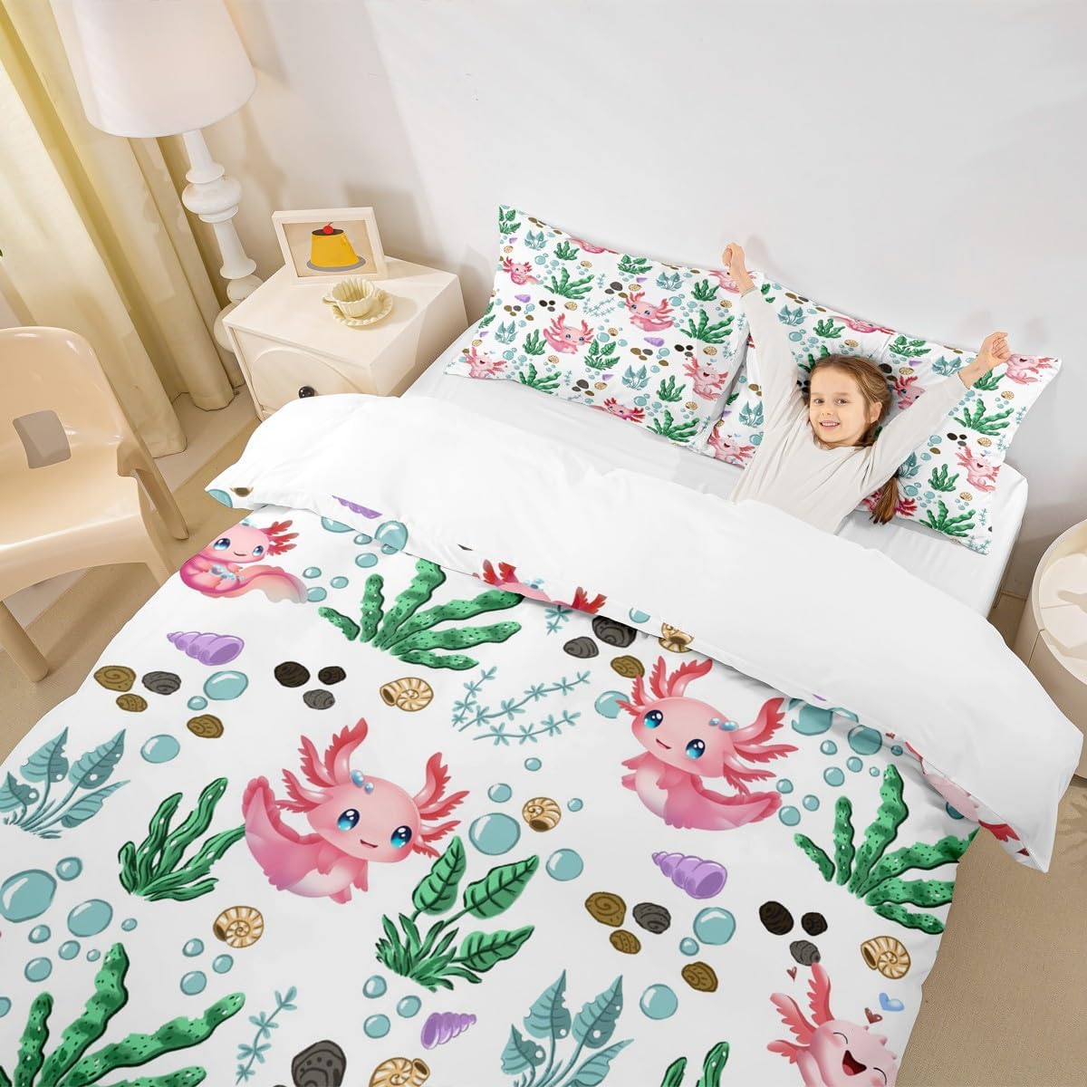 Cute Axolotl Bedding Duvet Cover Set Kids Cartoon Salamander Bedding Set Girls Decor Water Plant Comforter Cover Set Sea Creature Underwater World Pink Bedspread Cover Quilt Cover 3Pcs Queen Size