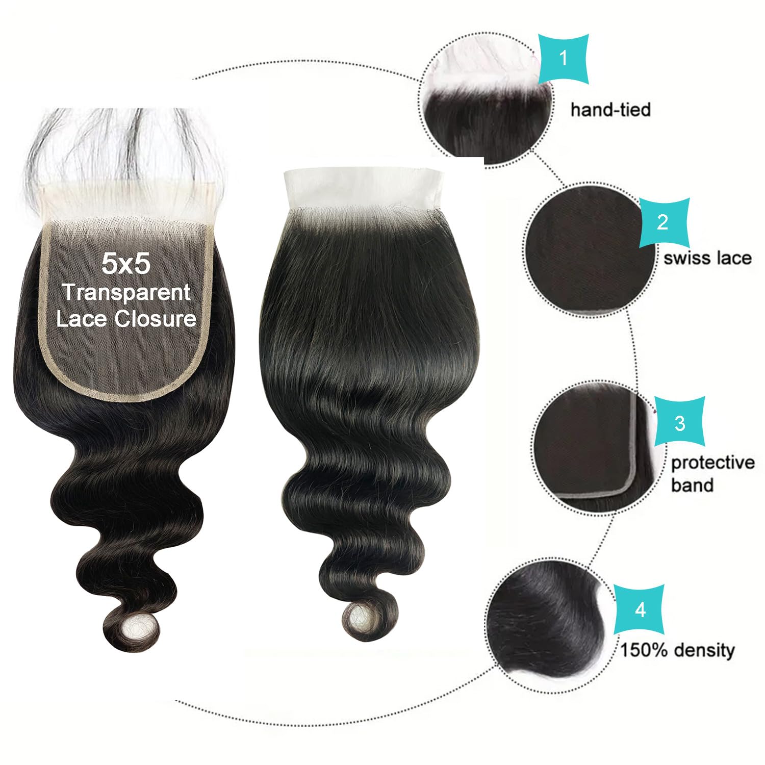 5x5 HD Lace Closure Transparent Frontal 100% Real Body Wave Human Hair HD Lace Closure Only Bleached Small Single Knots Human Hair for Black Women Natural Color(14 Inch)