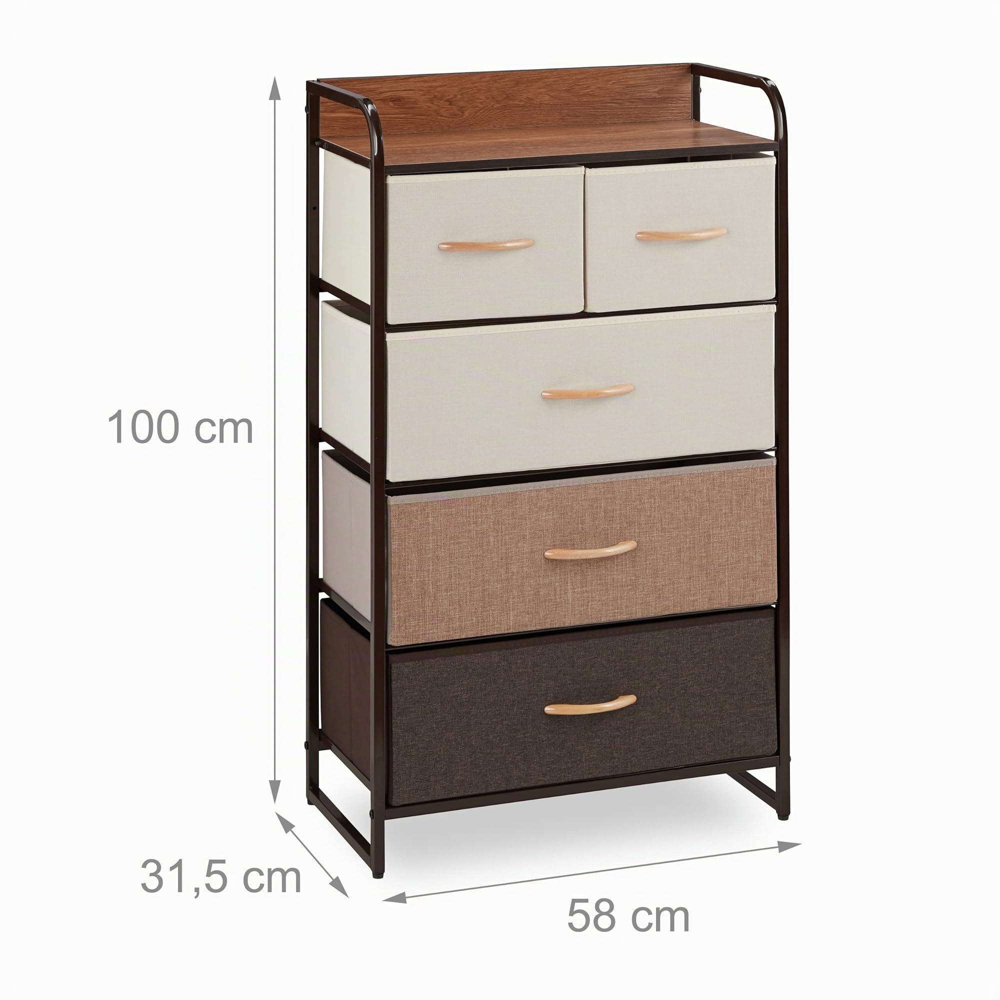 Relaxdays Schubladenschrank, 5 Stoff Fächer, Ablage, Schlafzimmer Schränkchen, Nachtkommode HBT 100 x 58 x 31,5cm, braun