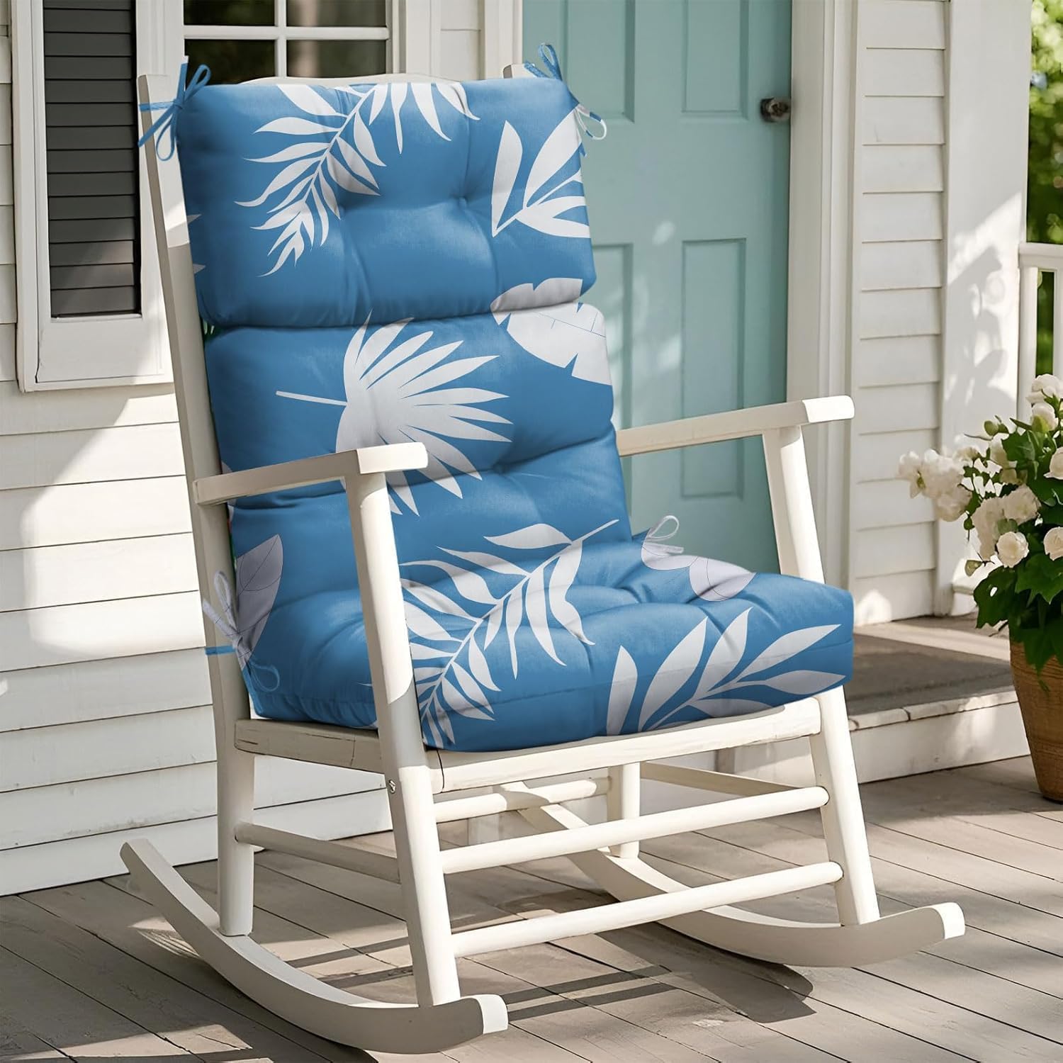 Rocking Chair Cushion, Waterproof Chairs Cushions for Adirondack Chairs Patio Chair High Back Thicked Cushions Outdoor and Indoor with Ties, Blue Leaf 1 Pack 5#