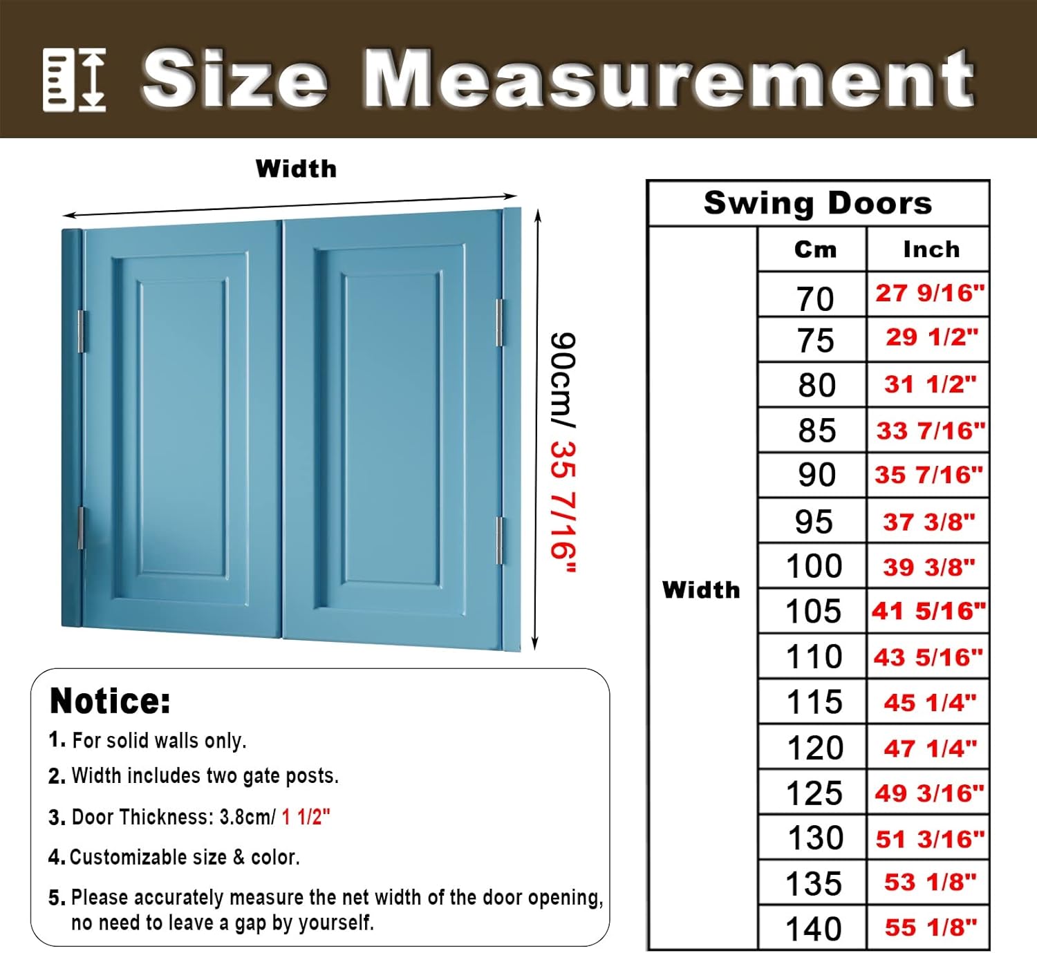 Durable Blue Solid Wood Saloon Swing Door, Hinged Auto-Close Cafe Door Partition for Kitchen, Parlor, Emporium - Customizable (Size : W115xH90cm(45 1/4"x35 7/16")) (Blue W85xH90cm(33 7/16"x35 7/16"))