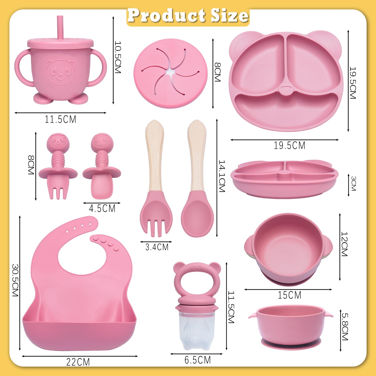 Coffret Repas Bebe 10 Pièces, Assiette bebe Set Vaisselle Antiderapant Silicone avec Ventouse Assiette Bol Fourche Cuillère Bavoir et Tasse, Enfant Set Couverts Vaisselle, Sans BPA, Rose
