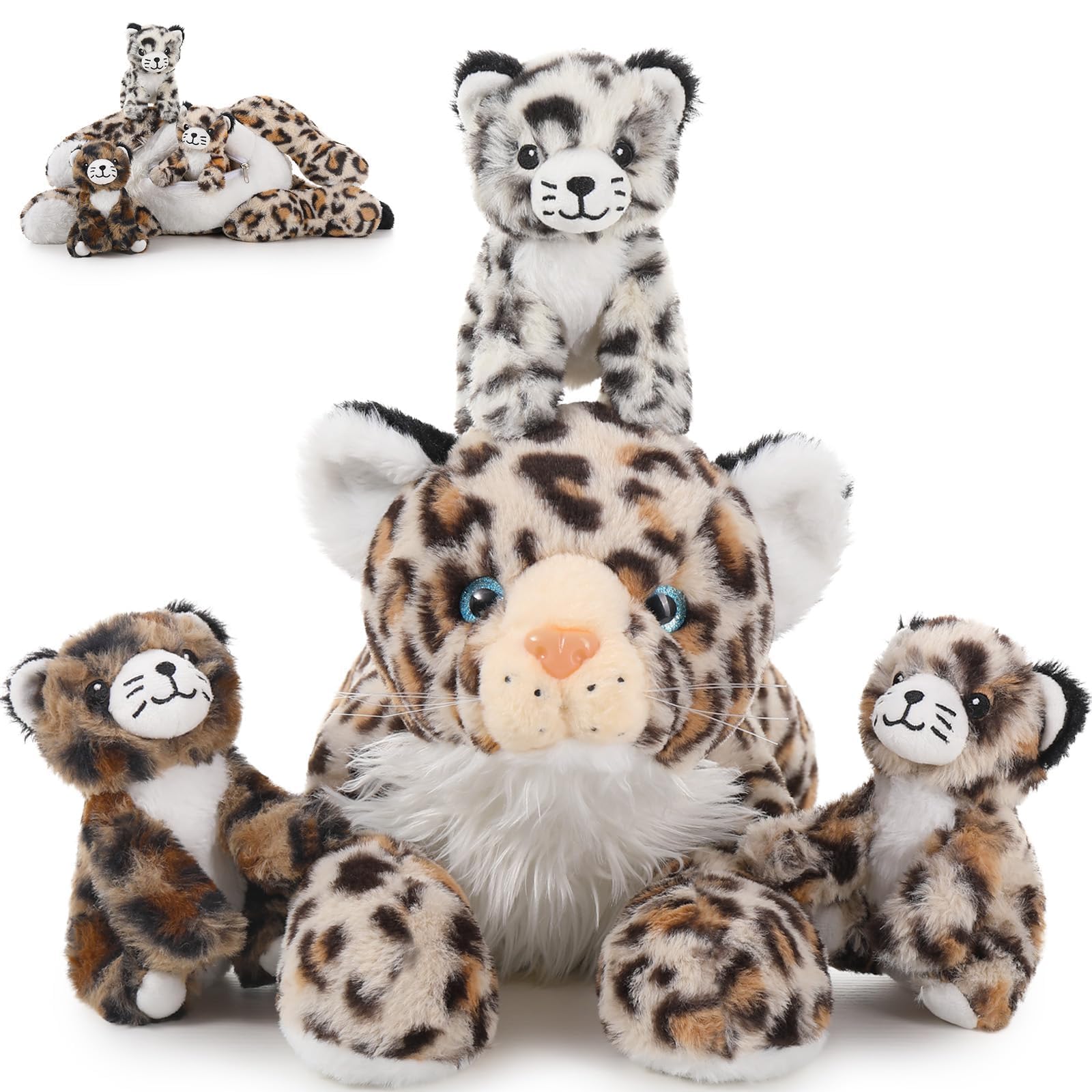 MaoGoLan 4Pcs Soft Leopard Stuffed Animals with 3 Babies Inside, 18" Stuffed Cheetah Bulk Tiger Lion Jaguar Plush Toys for Girls Boys Kids Valentine's Day Christmas, Safari Party Decor