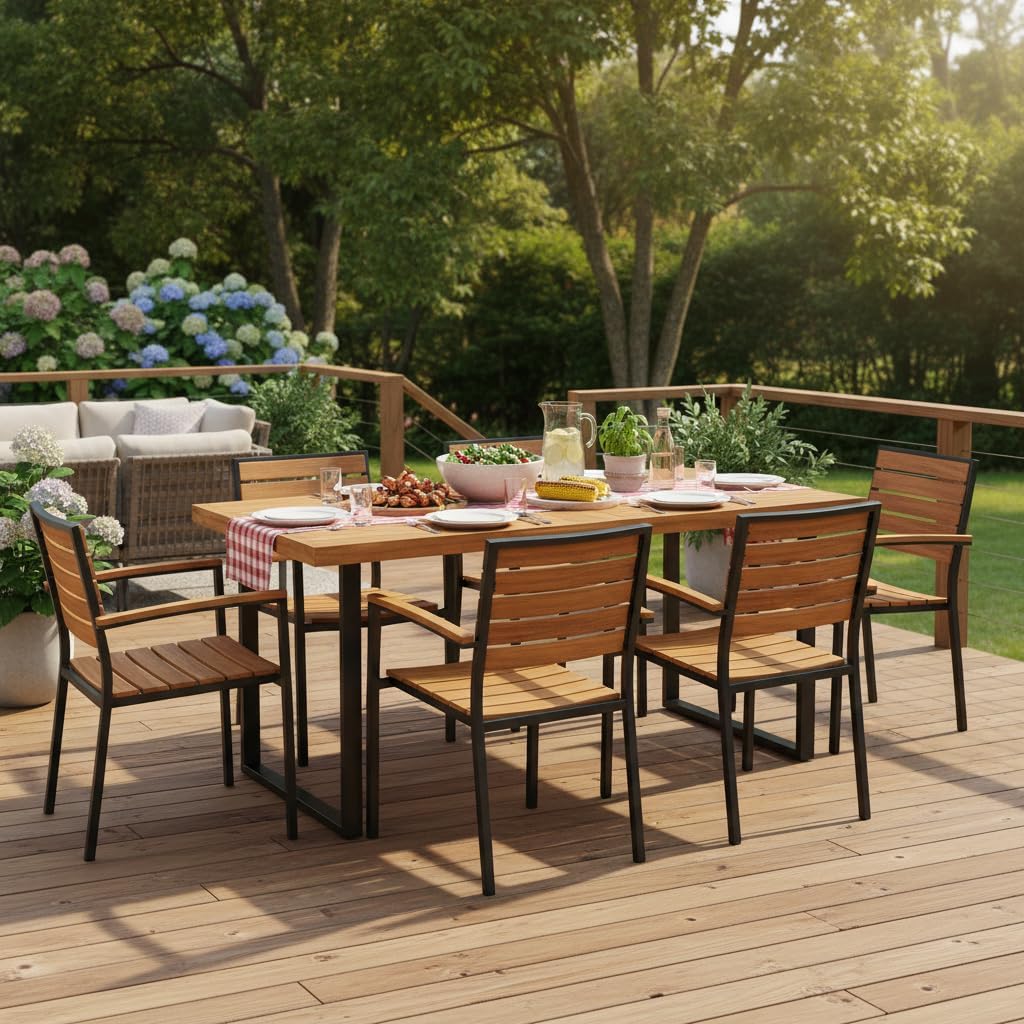 Tangkula 63" Acacia Wood Patio Dining Table for 6 People, Indoor Outdoor Wooden Rectangular Dining Table with Heavy-Duty Metal Legs & 1.97" Umbrella Hole, Patio Dining Table for Deck Garden, Backyard