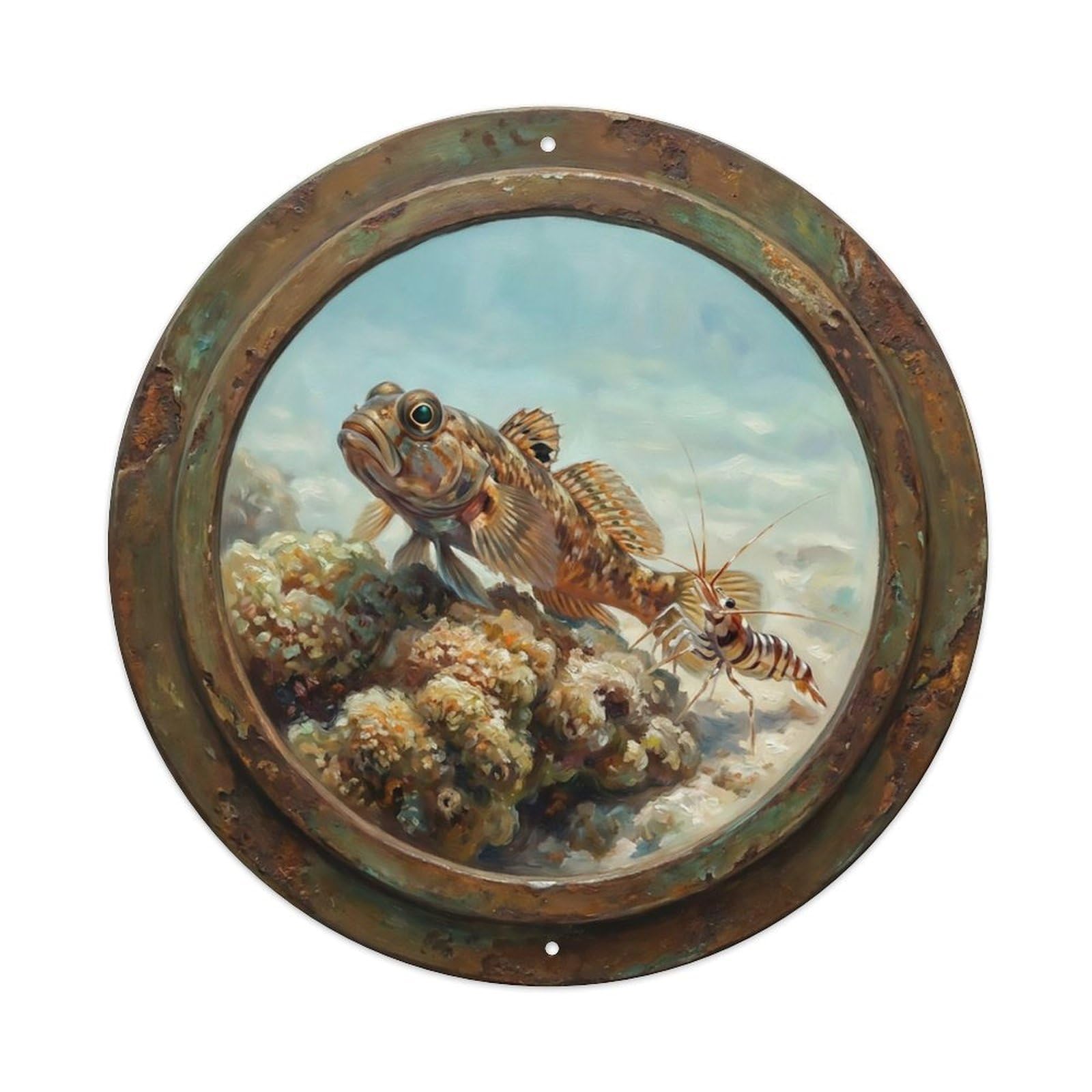 Vintage Porthole Goby Fish Ship Window Undersea Deep Sea Metal Tin Sign