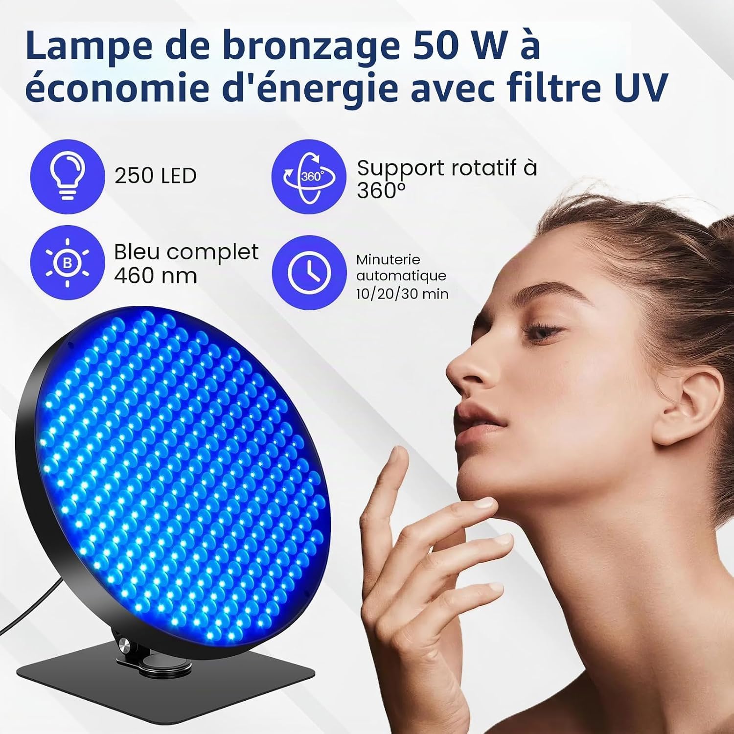 Lampe de bronzage LED 50 W pour la maison, 460 NM avec 250 LED, réglable à 360 °, pour le visage et le corps entier avec minuterie, noire