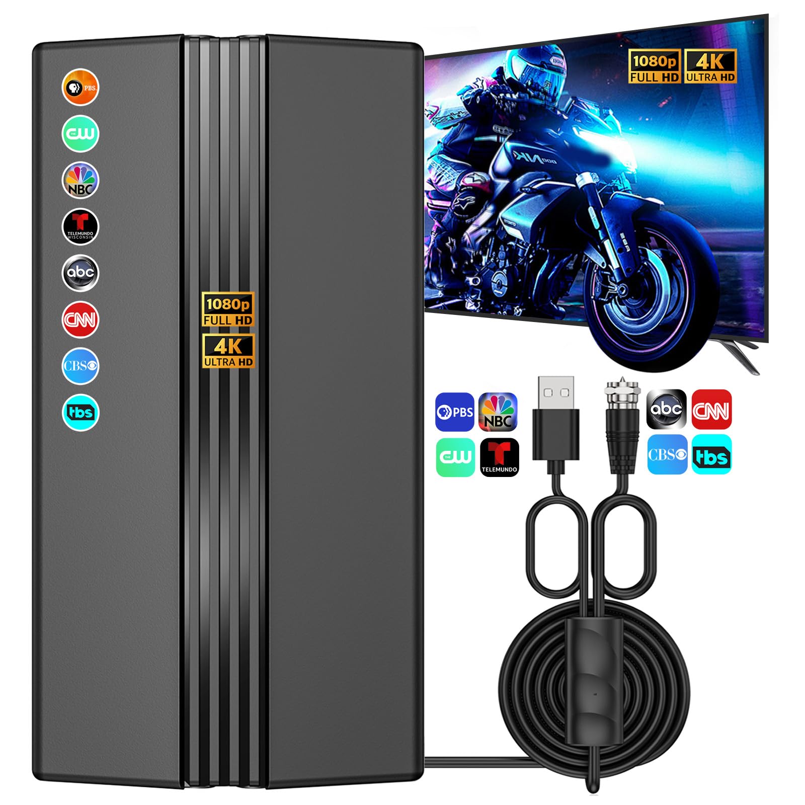 TV Antenna for Smart TV, 1800+ Miles Range, Indoor/Outdoor Antenna for Local Channels, Supports 4K 1080p HD, Amplified Signal Booster, 33FT Coax Cable, Easy Installation