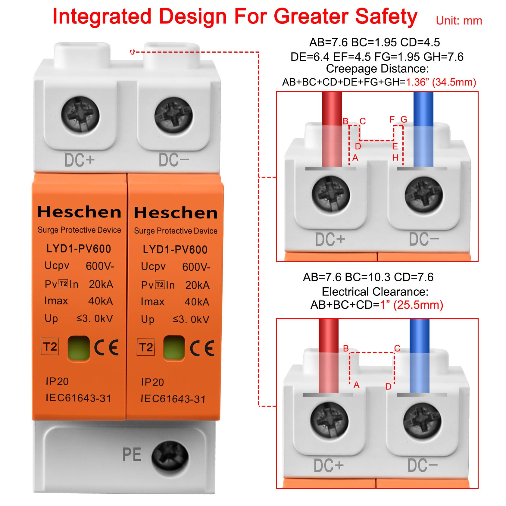 Heschen 1 Piezas Protector de Sobretensiones PV 1000VDC 2P, Descargador de Sobretensiones Fotovoltaico SPD 20kA/40kA Tipo 2, Protección contra Rayos Carril DIN 35mm