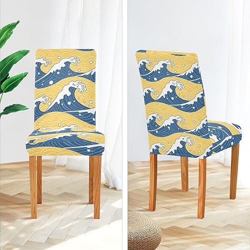 Miniatura 4 de Blue and Gold Japanese Waves Decorative Chair Slipcovers for Bedroom Washable Club Chair Cover protectores para sillas de comedor 4 Set of 4