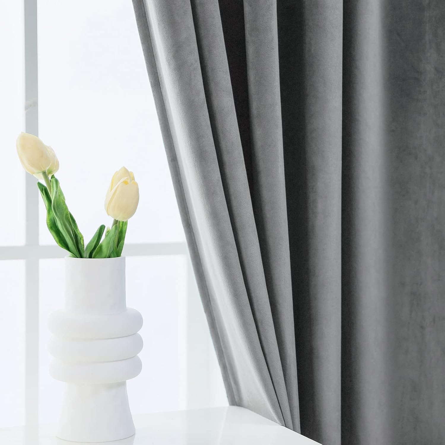 PLEASANT BOULEVARD Grey Velvet Curtains 63 inch Long Heavyweight Blackout Curtains Rod Pocket Thermal Insulated Darkening Window Drapes for Bedroom Living Room, W52 x L63, 2 Panels