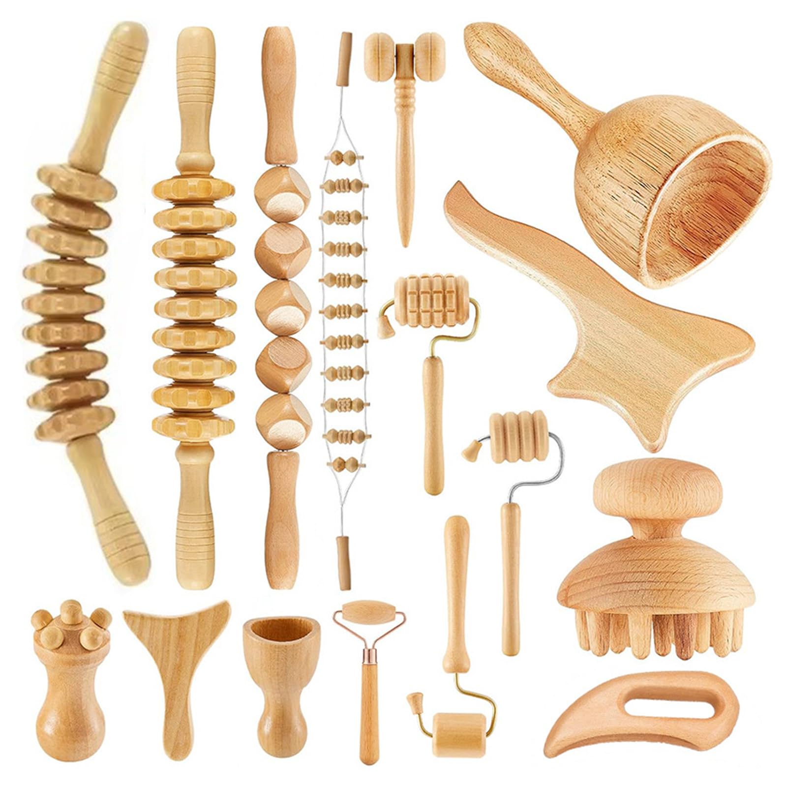 16 Pièces Massage Thérapeutique en Bois, Kit Maderotherapie Anti Cellulite Massage Professionnel pour Mise en Forme du Corps, Drainage Lymphatique, Soulagement des Douleurs Musculaires