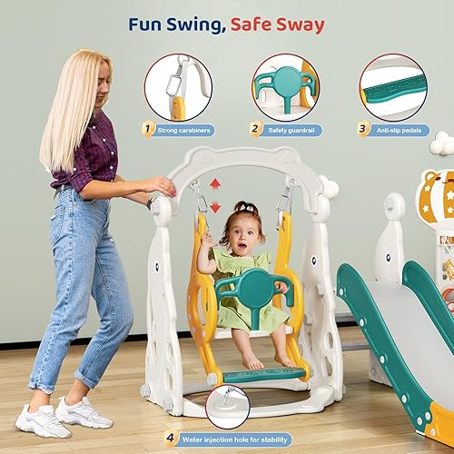 Miniatura 2 de Juego de tobogán para niños pequeños, 6 en 1, mejora con tobogán, columpio, fútbol y lanzamiento de anillos para niños de 1 a 3 años, parque