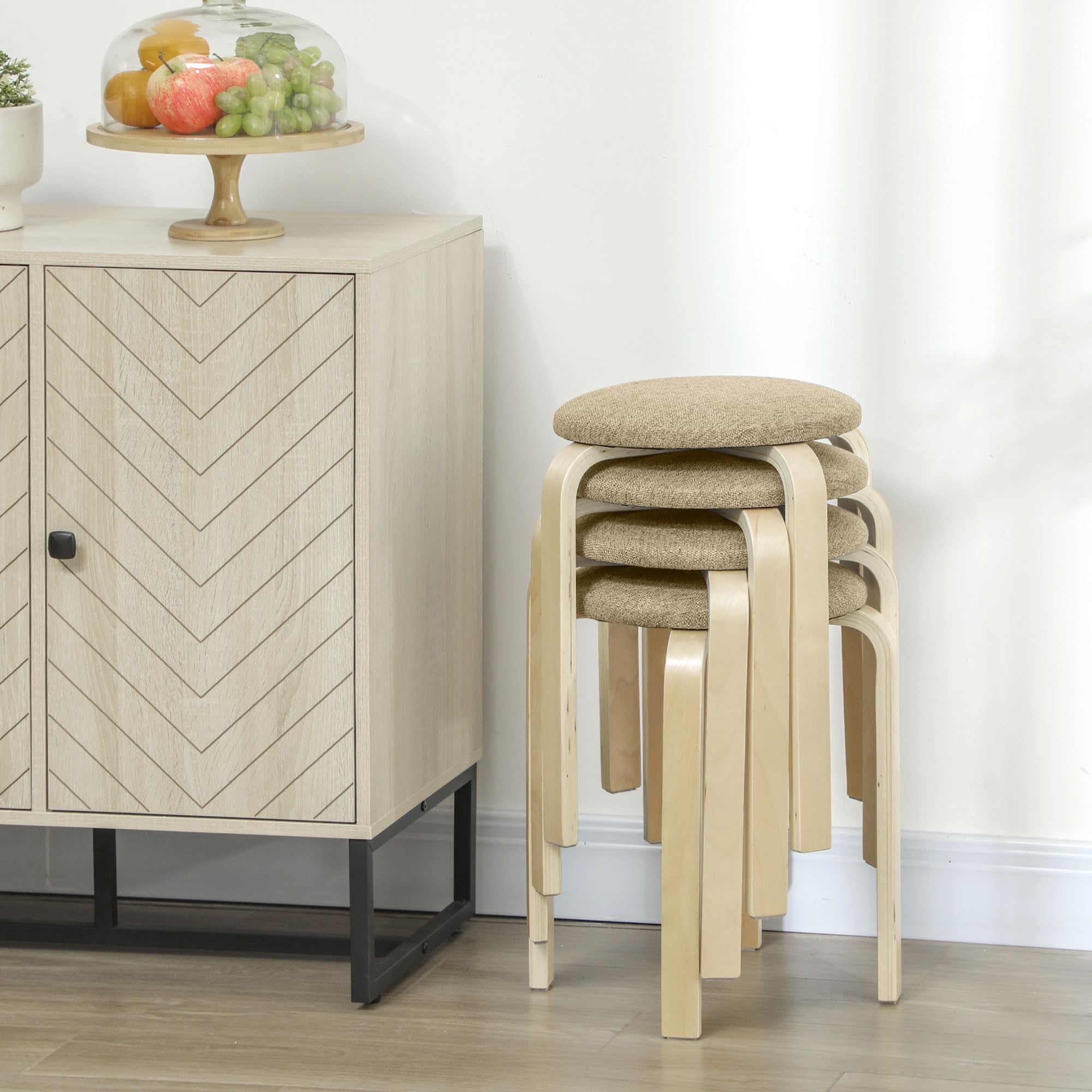 HOMCOM Ensemble de 4 Tabourets Empilables Modernes, Tabourets Ronds sans Dossier, Assise Rembourrée, 40 x 40 x 45 cm, Kaki