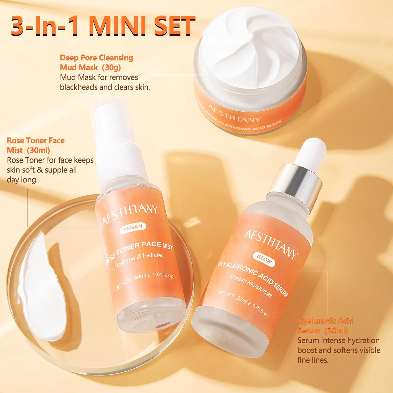 Hyaluronic Acid & Collagen Skincare Gift Set, 3-Piece Facial Care Kit with Hydrating Serum, Rose Facial Mist & Deep Cleansing Clay Mask for Daily Skin Care - Image 2