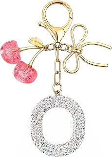 Koythin Rhinestone Initial Keychain for Women, Sparkly Cherry Bow Bag Charm | Crystal Letter Personalized Charm With Cherry Bow, Lightweight Purse Backpack Decorative Key Holder
