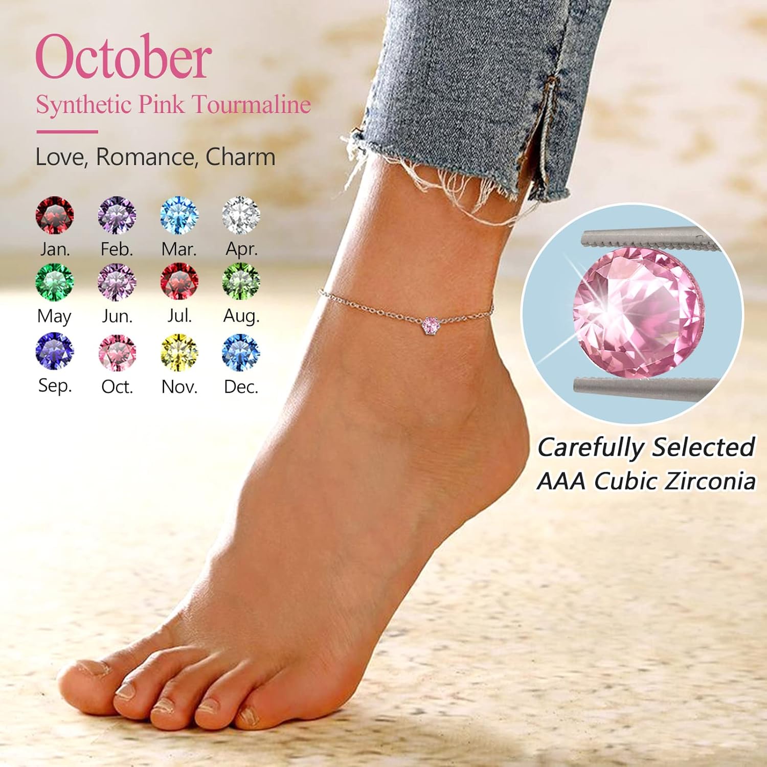 Silvora 925 Sterling Silver Anklets for Women, Dainty Round Birthstone Ankle Beach Summer Anklet, 8.7-10.7 Inch Adjustable Anklet for Women