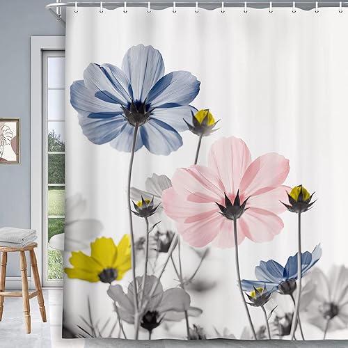 MERCHR Cortina de ducha única floral colorida para decoración de baño, diseño de margaritas azules, rosas y grises, elegante diseño de flores