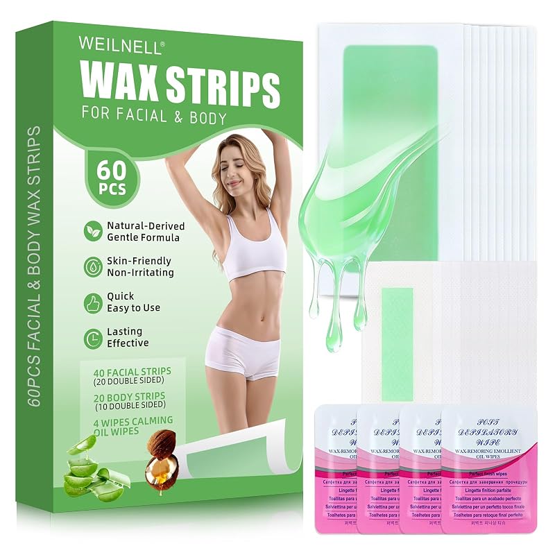 Tiras de cera WEILNELL para depilação facial e corporal, 60 unidades e 4 lenços com óleo