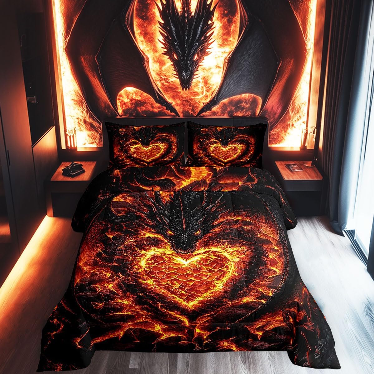Castle Fairy Western Dragon Kids Comforter Set King Size,Orange Flame Lava Magma Print Down Alternative Adults Bedroom Decor,Magical Wildlife Animals Ultra Soft Microfiber Inner Fill 3Pcs Bedding