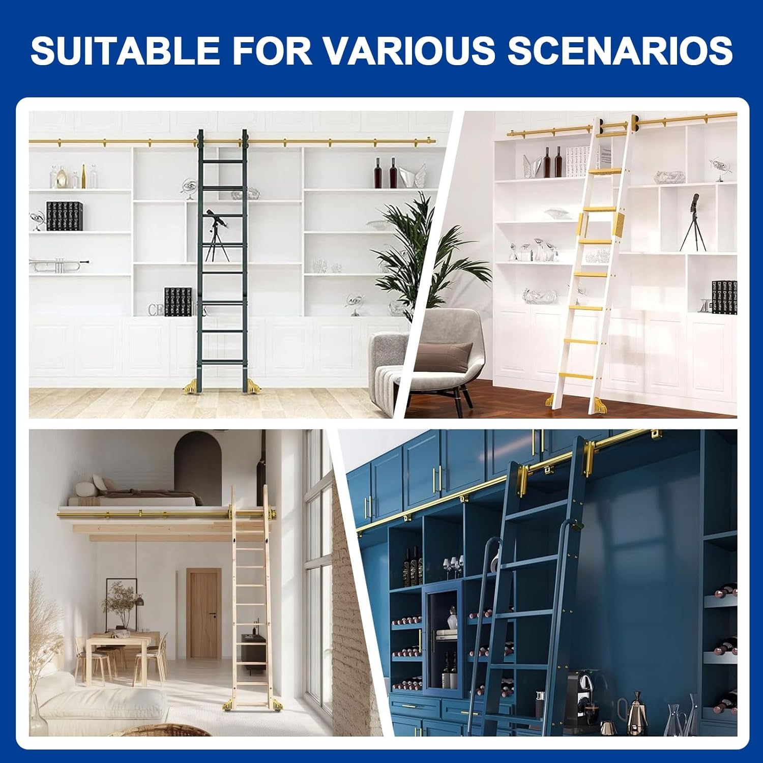 Rolling Library Ladder Hanging Track 3.3ft-24ft, Gold Sliding Ladder Hardware Kit with Floor Roller Wheels for Home Loft Office Warehouse Bar Closet (No Ladders)(3.3ft/100cm Track