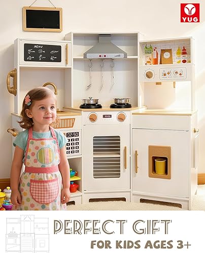 Miniatura 7 de YUG Juego de cocina para niños pequeños, juego de cocina de esquina con luces y sonidos, juguete de madera con horno, microondas, estufa, máquina de