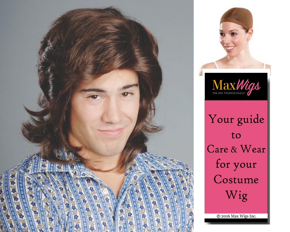 70s Boy color BROWN - Enigma Wigs Disco Long men Shag 1970s Bundle with Cap, MaxWigs Costume Wig Care Guide