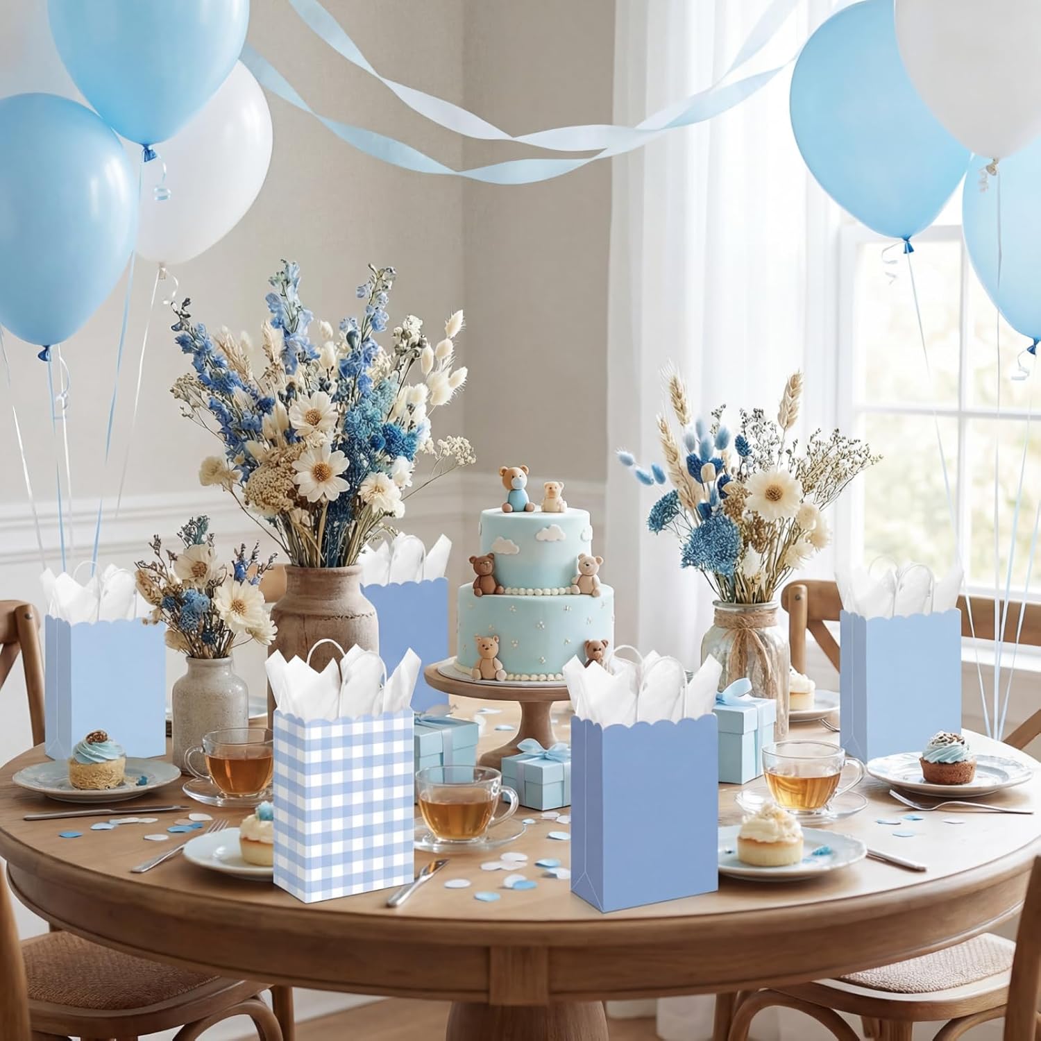 Kolldenn 24 Pcs Blue Gingham Party Supplies Gift Bags with Handles Scallop Kraft Paper Treat Candy Goodie Party Favor Bags for Baby Shower Birthday Wedding Decor - Image 7