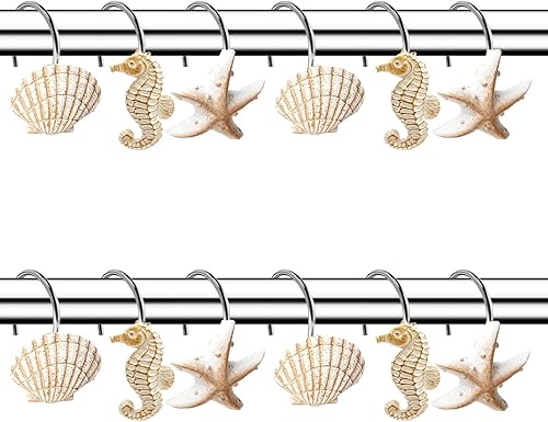 Miniatura 5 de Seashell - Ganchos para cortina de ducha, 12 piezas de anillos de cortina de ducha de resina decorativa antioxidante para baño, dormitorio,