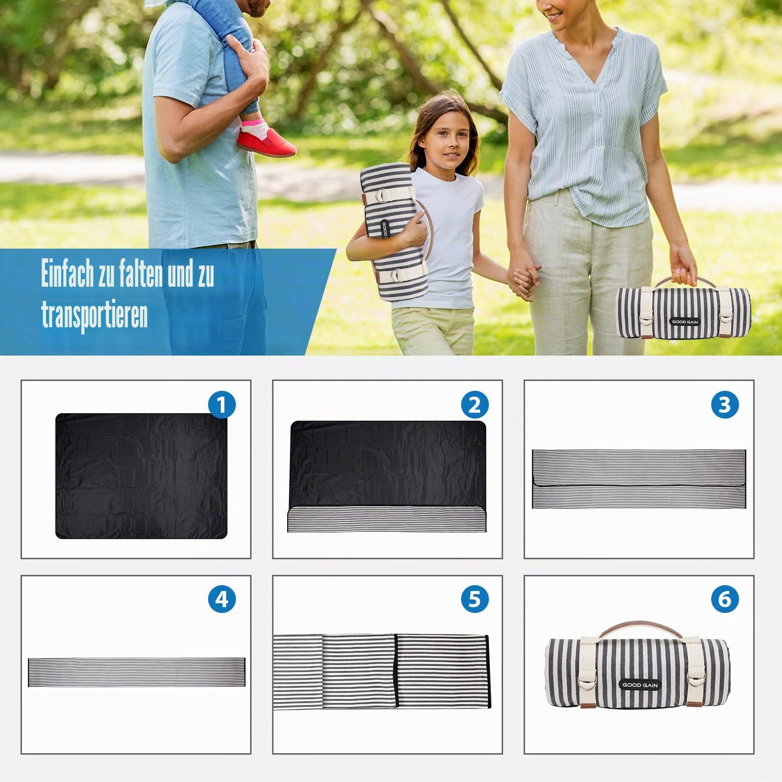 G Good GAIN wasserdichte und tragbare Picknickdecke mit Tragegurt, Strand- oder Familien-Campingmatte, extra große Faltbare Picknickmatte, sanddicht zum Wandern, 145 x 200 cm