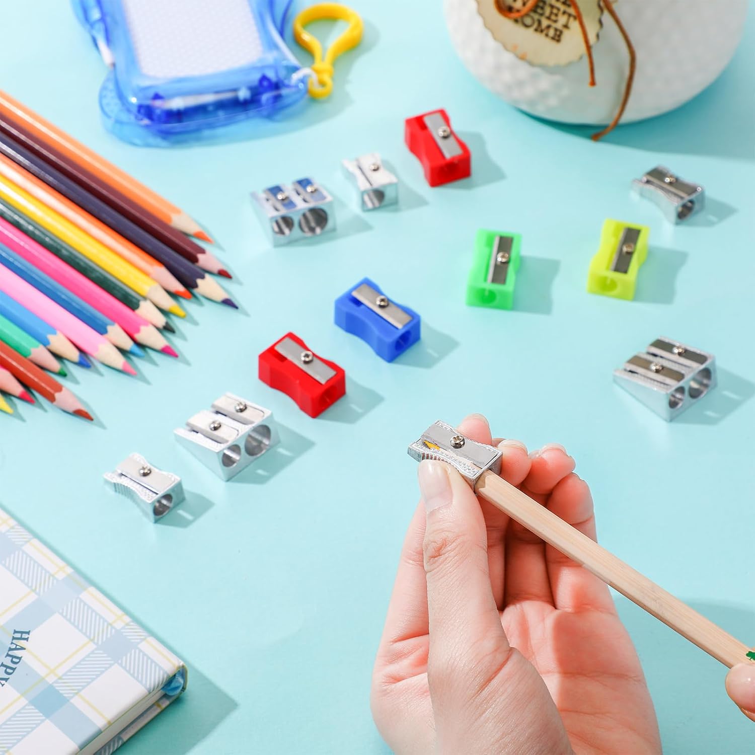 Tenceur 300 Pcs Metal and Plastic Pencil Sharpener Bulk Double and Single Hole Handheld Mini Aluminum Metal Manual Pencil Sharpener for School Office Stationery Classroom Supplies