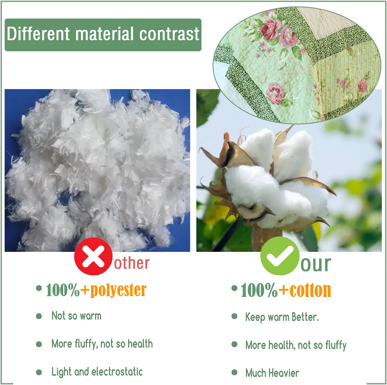 EVENHUG 100% Cotton Quilt Queen Size Bedding Set Floral Lightweight Quilt Reversible Coverlet Bedspread with Pillow Shams All Seasons 3 Pieces (White&Green, Queen)