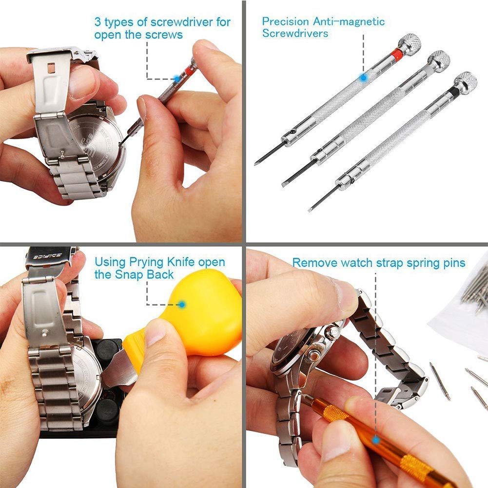 Kit de reparación de relojes - 147 piezas/juego de herramientas Kit de herramientas combinadas para desmontar pulseras y abridores de relojes - Reemplace las herramientas de la batería del reloj con e