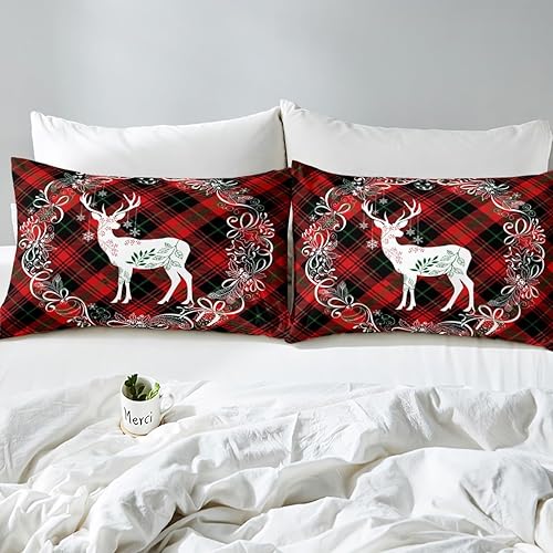 Miniatura 6 de Manfei Juego de sábanas de ciervo de Navidad, tamaño matrimonial, juego de ropa de cama con estampado de hojas florales a cuadros rojos para