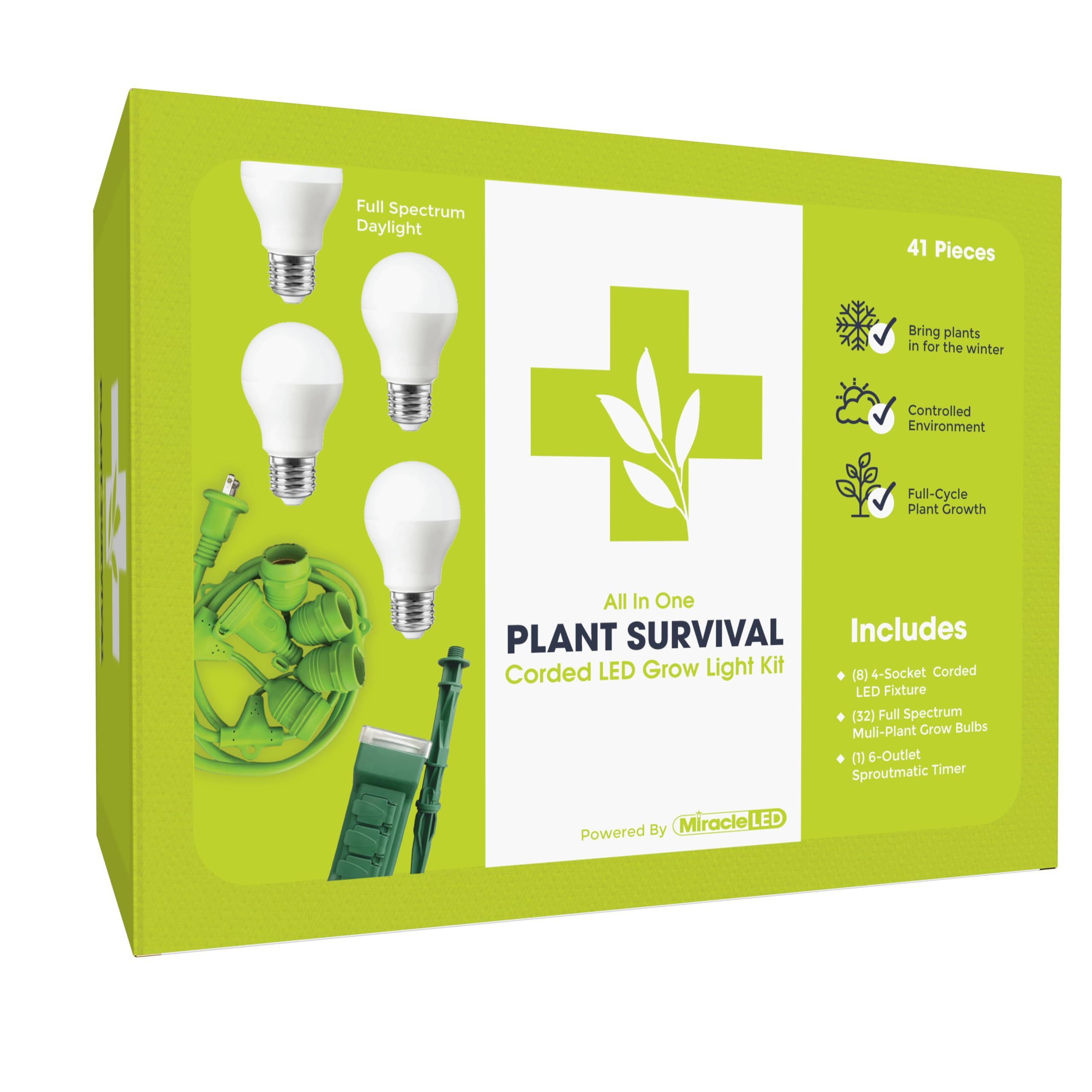 Miracle LED Plant Survival Indoor Grow Light Kit - 4 Multi-Plant Full Spectrum 150W Replacement Grow Light Bulbs & 1 4-Socket Corded Fixture with SproutMatic Timer (8-Pack)