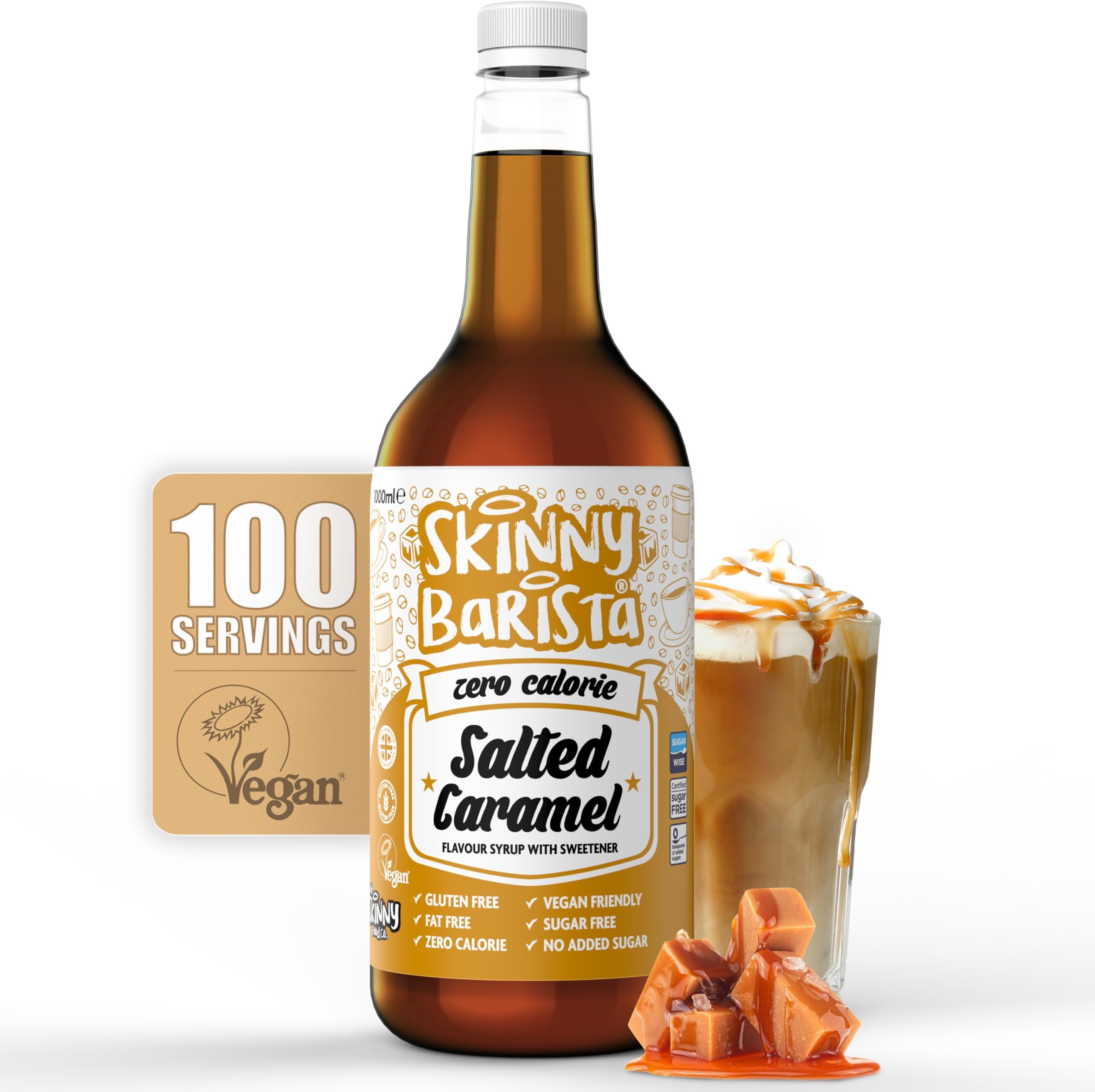 Skinny Food Co Salted Caramel Syrup Zero Calorie 35 Fl Oz - Sugar Free Coffee Syrups For Tea, Hot Chocolate, Fruit, Baking, Protein Drinks - Vegan-Friendly, Gluten-Free & Fat-Free - Syrups For Coffee Drinks