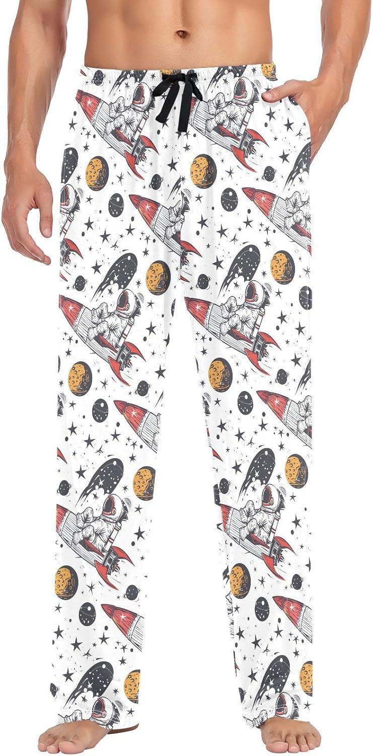 ALAZA Astronaut Rocket Stars Men's Pajama Pants Men Cotton Pajama Bottoms with Pockets, S