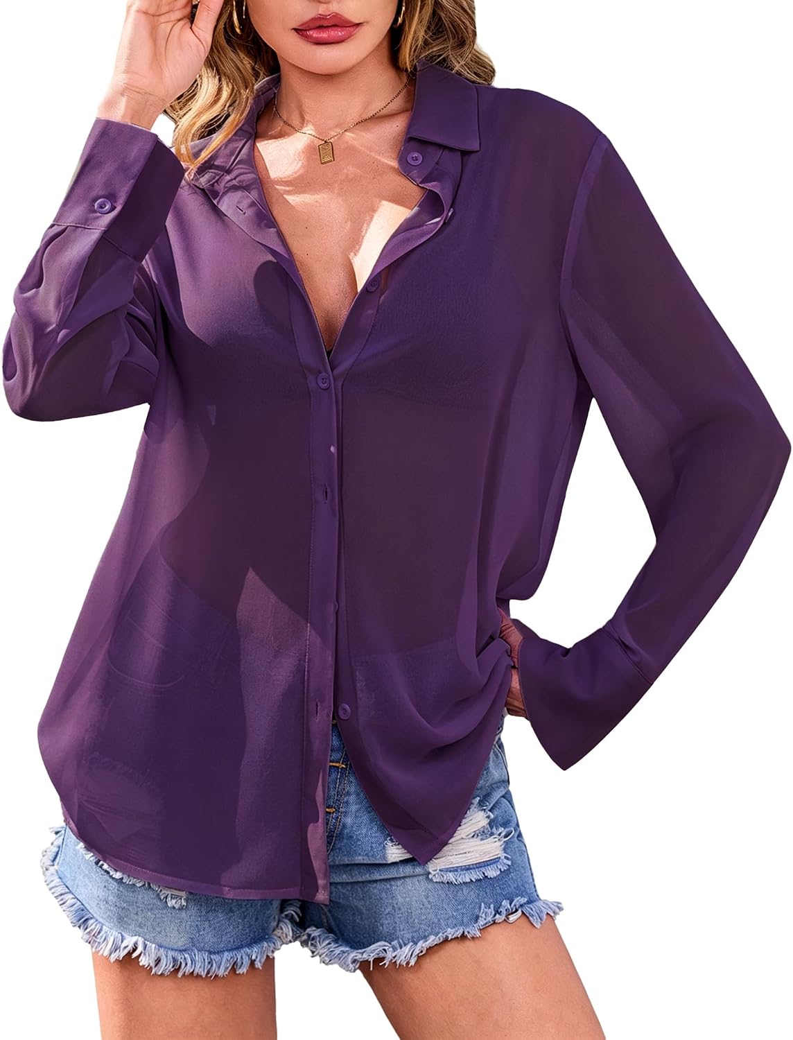 Totatuit Women's Sheer Button Up Blouse See Through Tops Sexy Button Down Shirt Beach Cover Up
